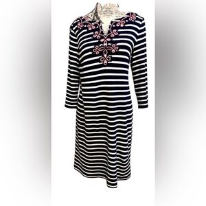 Talbots Petite Striped Dress with Embroidered Neckline - Size MP
